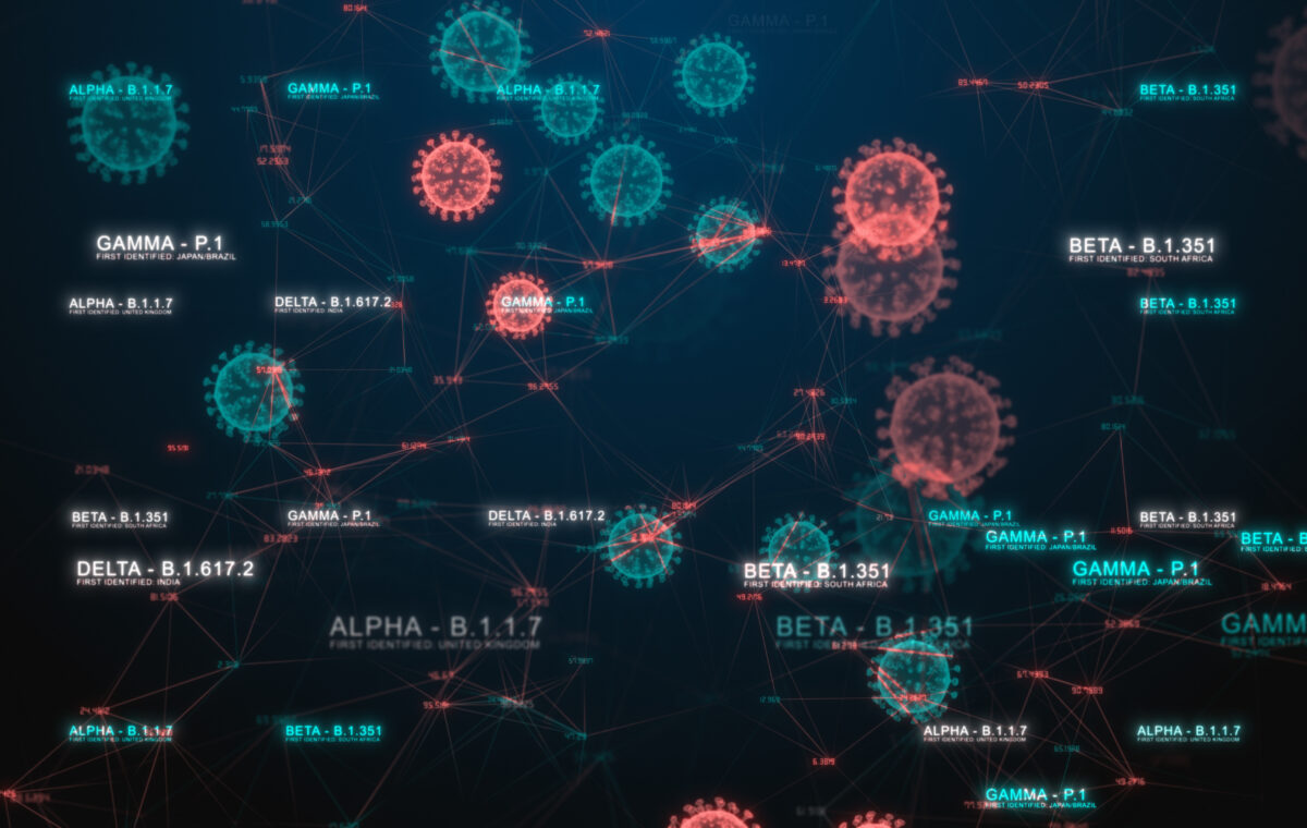 Covid-19 virus variants Alpha, Beta, Gamma and Delta from mutation of Covid SARS-CoV producing variant outbreaks, fast global vaccine and vaccination needed - 3D Illustration Rendering.