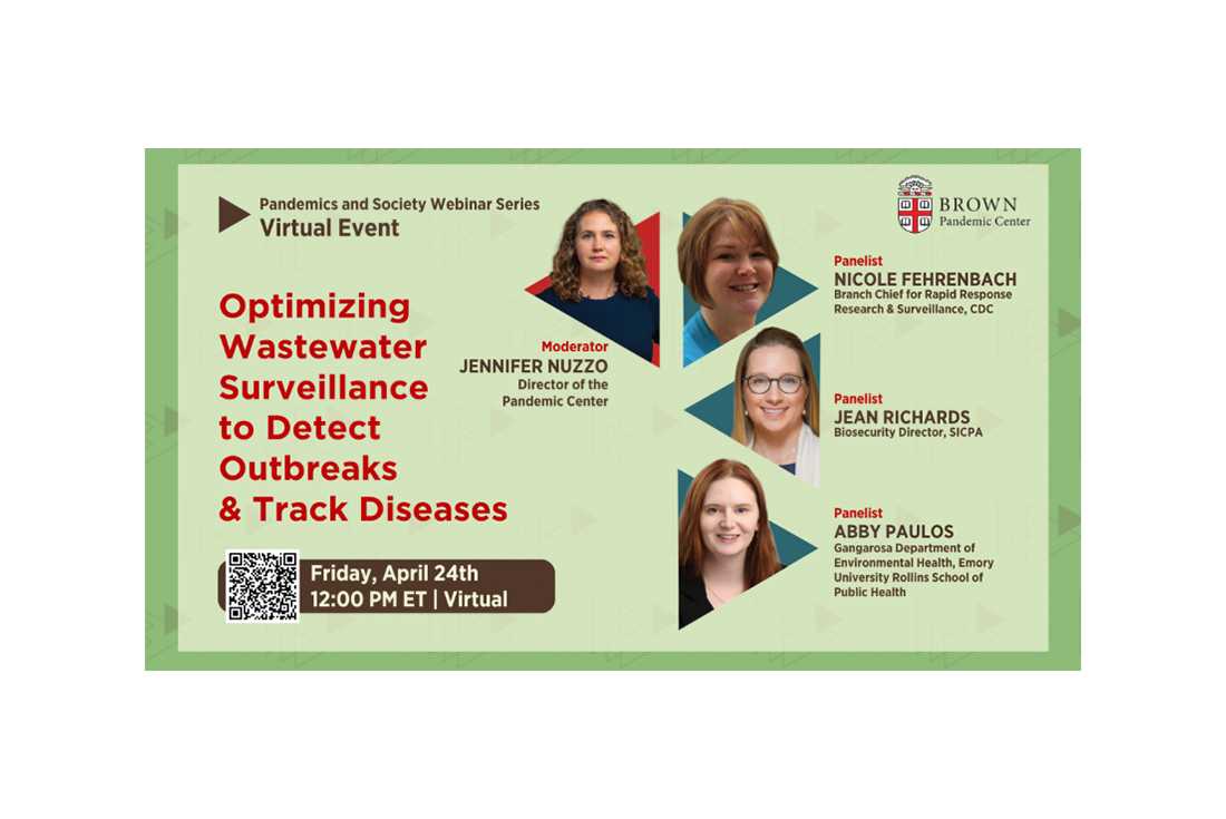 Pandemic Center webinar titled: Optimizing Wastewater Surveillance to Detect Outbreaks and Track Diseases with headshots of 4 speakers.