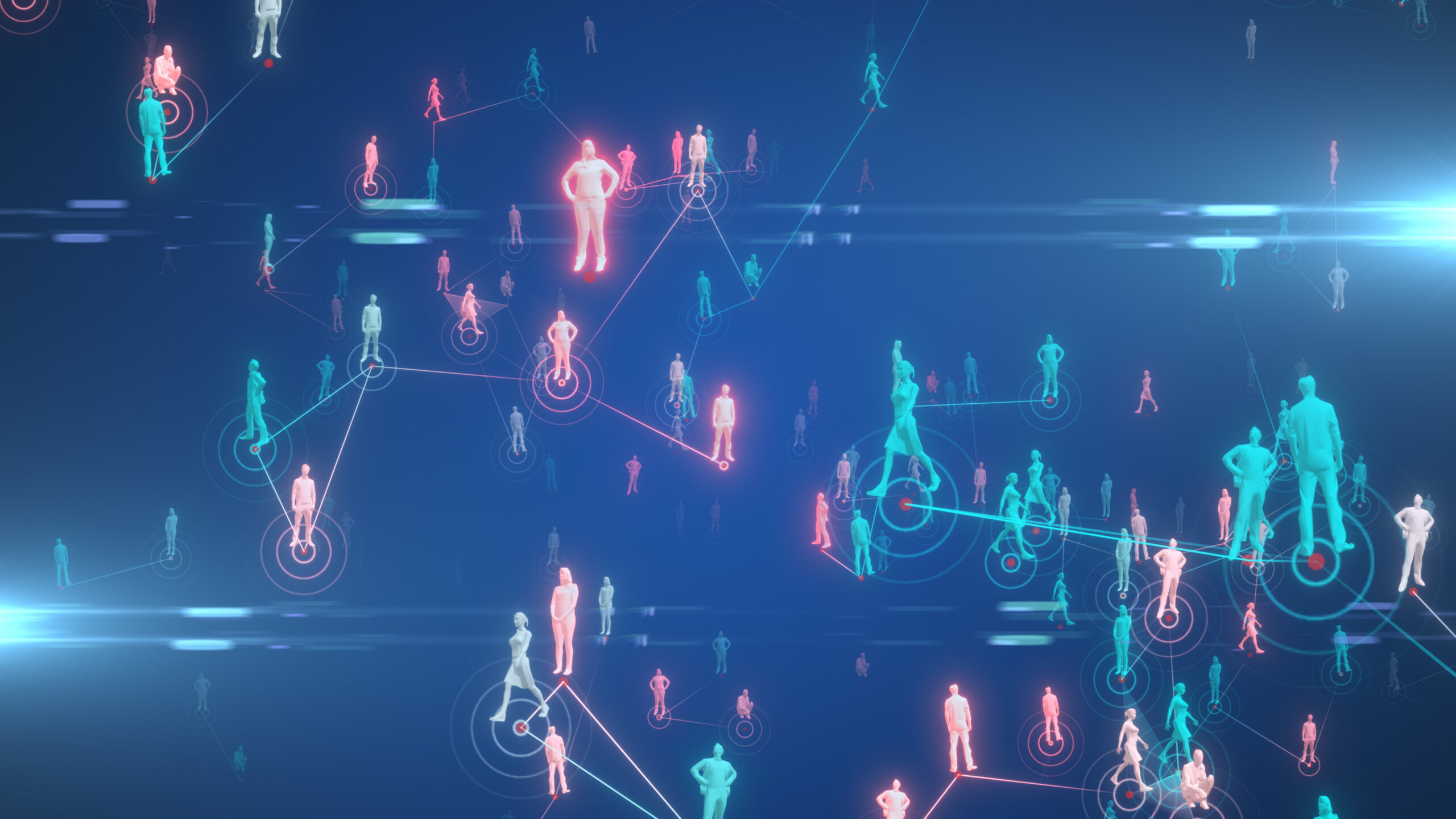 Abstract illustration of a digital social network, showing glowing blue and pink human silhouettes connected by lines and circular nodes on a dark blue background, representing contract tracing of infected individuals.