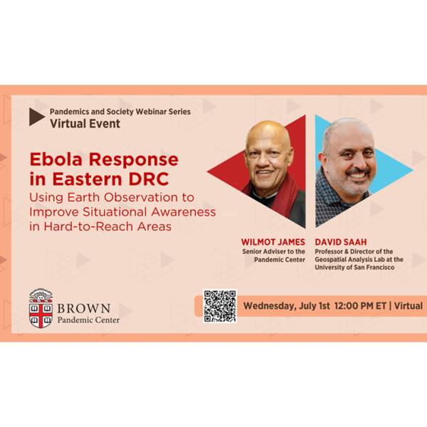 Orange flyer advertising Brown Pandemic Center Ebola Webinar on July 1 at noon ET.