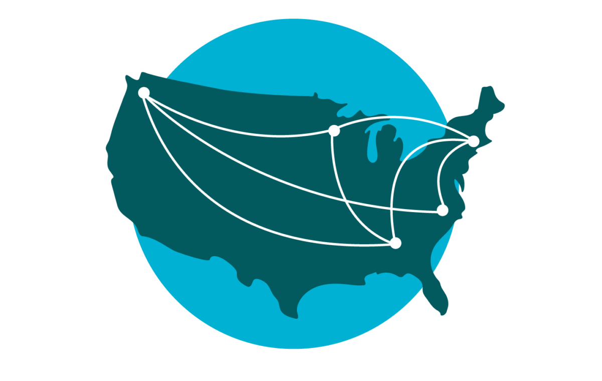 turquoise circle with dark shaded continental U.S. with the 5 PGCoE sites marked with lines connecting them all.