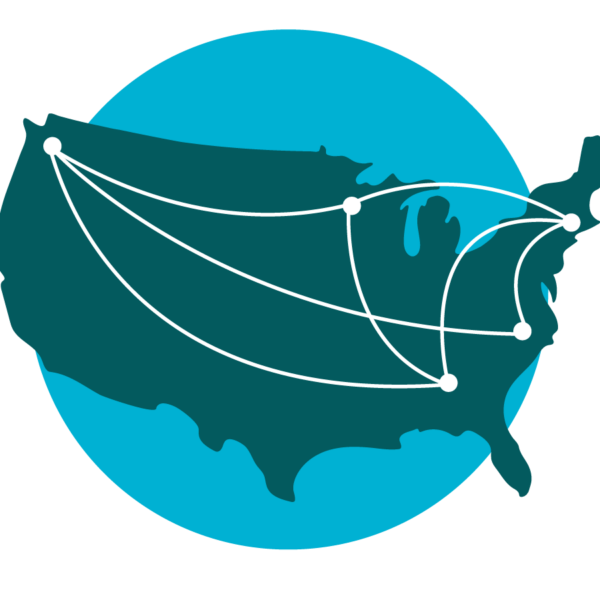 turquoise circle with dark shaded continental U.S. with the 5 PGCoE sites marked with lines connecting them all.